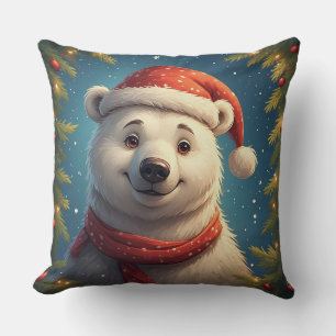 Cojín Decorativo Oso Polar Feliz con Gorro de Santa