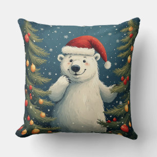 Cojín Decorativo Oso Polar Feliz con Gorro de Santa