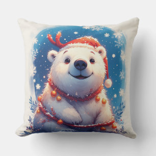 Cojín Decorativo Oso Polar Feliz con Gorro de Santa