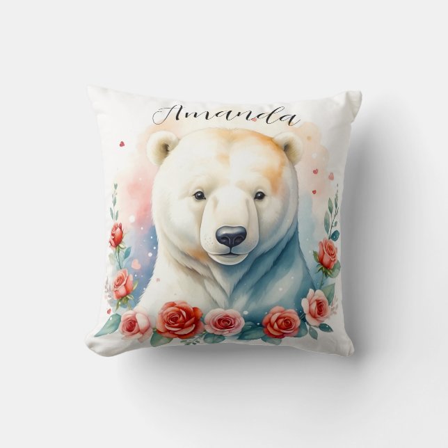 Cojín Decorativo Oso Polar Floral Acuarela Blanca (Anverso)
