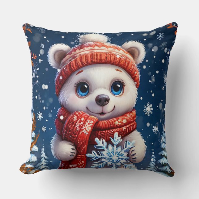 Cojín Decorativo Oso polar lindo en la bufanda de invierno (Anverso)