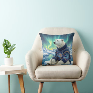 Cojín Decorativo Oso polar sentado bajo las luces del norte
