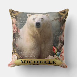 Cojín Decorativo Oso polar vintage acuarela y rosas rosadas