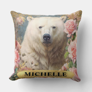 Cojín Decorativo Oso polar y rosas rosadas vintage en acuarela