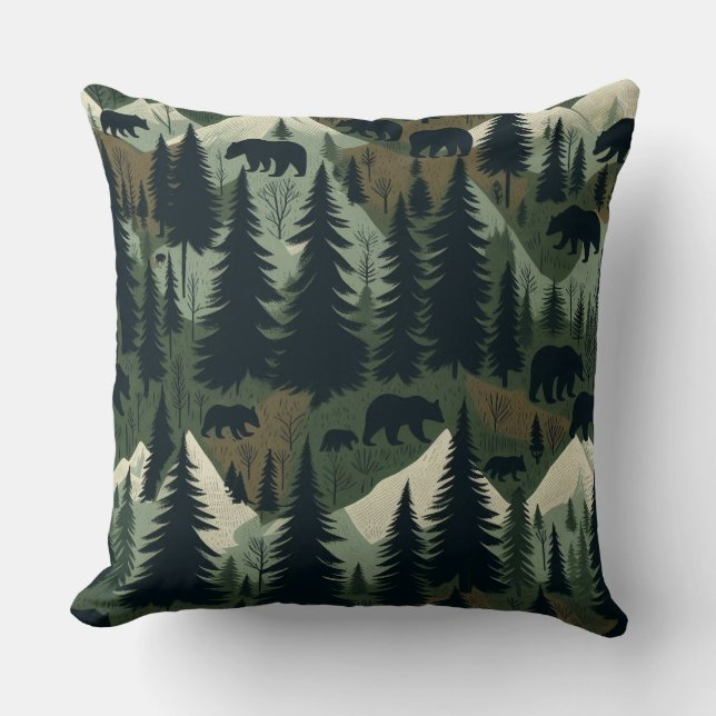 Cojín Decorativo Oso Rústico y Escena Forestal (Anverso)
