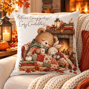 Cojín Decorativo Oso y conejito acurrucados de otoño acogedor
