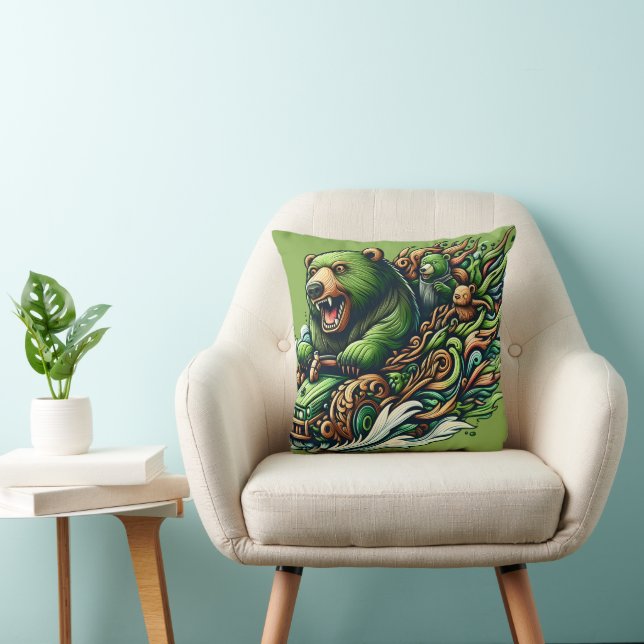 Cojín Decorativo Osos animados montando un auto verde (Silla)