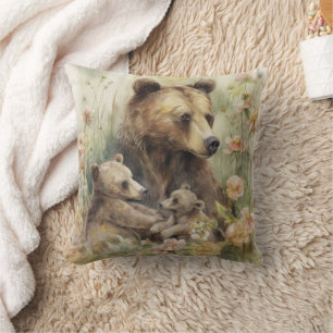 Cojín Decorativo Osos Cachorros Flores Rosadas Pintura De La Natura