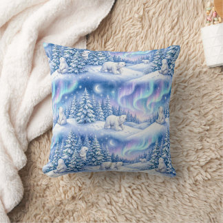 Cojín Decorativo Osos Polares Invierno Mágico Luna Aurora Funda Pi