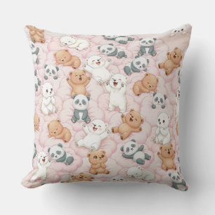 Cojín Decorativo Osos y pandas lindos en nubes rosadas sin costuras