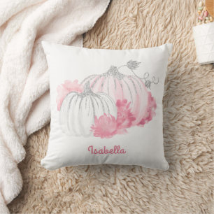 Cojín Decorativo Otoño Cae Acuarela Purpurina Calabaza Rosa Blanco
