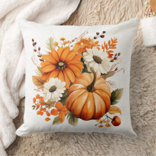 Cojín Decorativo Otoño Calabaza Naranja y Flores