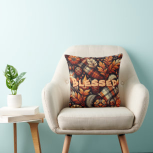 Cojín Decorativo Otoño Plaid Leaves Naranja Patrón negro