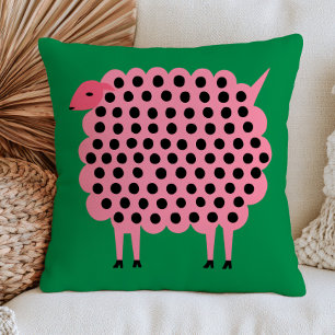 Cojín Decorativo Oveja rosa con lunares sobre arte animal ingenuo v