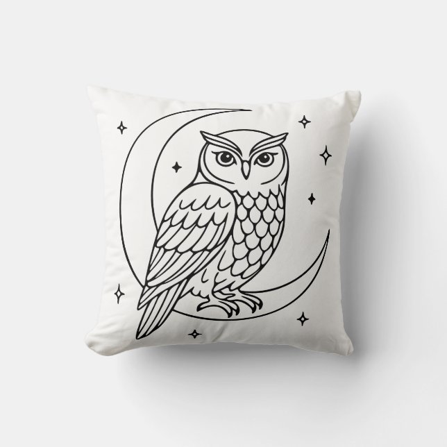 Cojín Decorativo  Owl on Crescent Moon with Stars Line Art (Anverso)