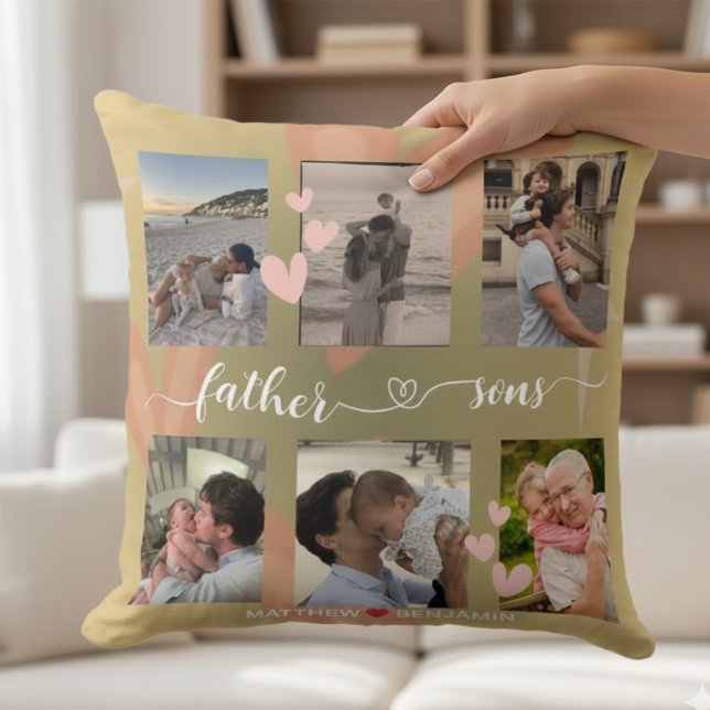 Cojín Decorativo Padre e Hijos Elegante Script Multi Foto Sage  (Subido por el creador)