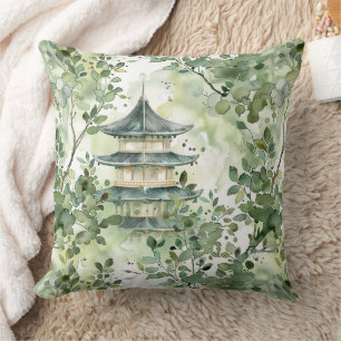 Cojín Decorativo Pagoda asiática acuarela en paisaje verde (13)