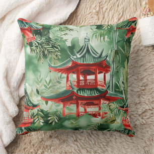 Cojín Decorativo Pagoda asiática acuarela en paisaje verde (14)
