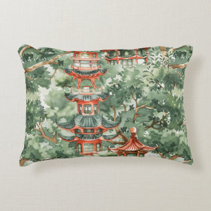 Cojín Decorativo Pagoda asiática acuarela en paisaje verde (17)