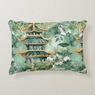 Cojín Decorativo Pagoda asiática acuarela en paisaje verde (6)