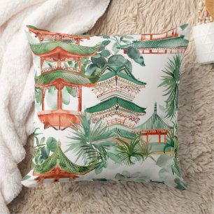 Cojín Decorativo Pagoda asiática acuarela en paisaje verde (7)