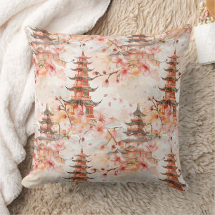 Cojín Decorativo Pagoda china acuarela con flores de cerezo