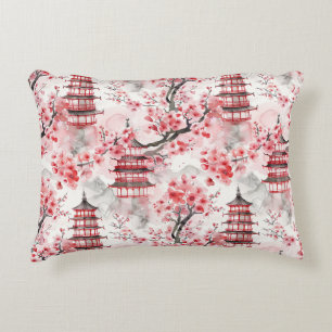 Cojín Decorativo Pagoda china acuarela con flores de cerezo (9)
