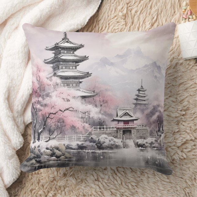 Cojín Decorativo Pagoda de árbol sakura japonés y gris rosa puente (Manta)