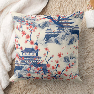 Cojín Decorativo Pagoda Japonesa Flor de Cerezo Crema Azul