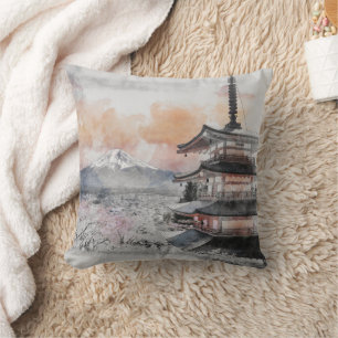 Cojín Decorativo Pagoda Japonesa y Fuji en Acuarela 