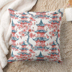 Cojín Decorativo Pagoda Oriental Flor de Cerezo Roja Arte