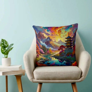 Cojín Decorativo Pagoda y paisaje colorido 