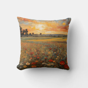 Cojín Decorativo Paintando el paisaje del campo de flor de atardece
