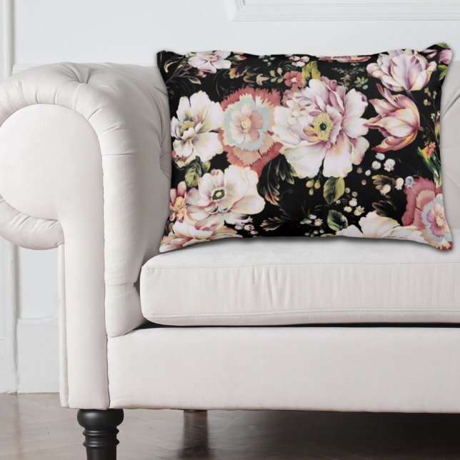 Cojín Decorativo País bohemio perrito moda femenina floral negra (Preppy bohemian country girly chic black floral accent pillow)