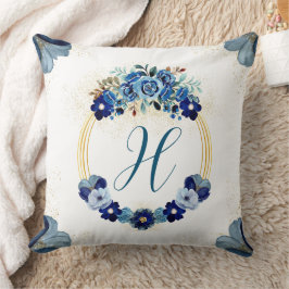 Cojín Decorativo País moda Monograma Blue Gold Floral Wreath