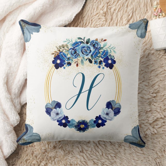 Cojín Decorativo País moda Monograma Blue Gold Floral Wreath (Manta)
