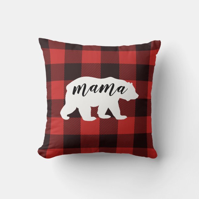 Cojín Decorativo País Rústico Rojo y Negro Flannel Mamá Oso (Anverso)