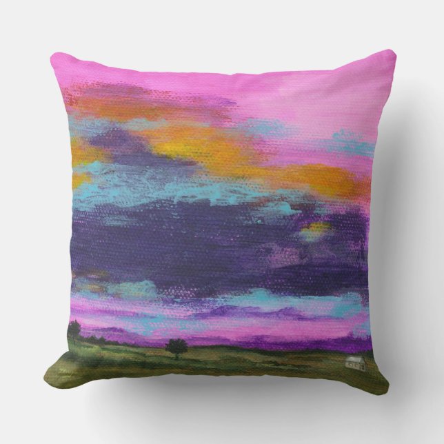 Cojín Decorativo Paisaje Art Painting Pink Sunset Tiny Farm House (Anverso)