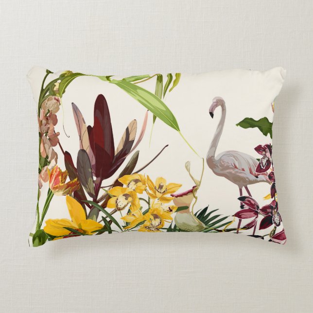 Cojín Decorativo Paisaje botánico tropical con flamingo. (Anverso)