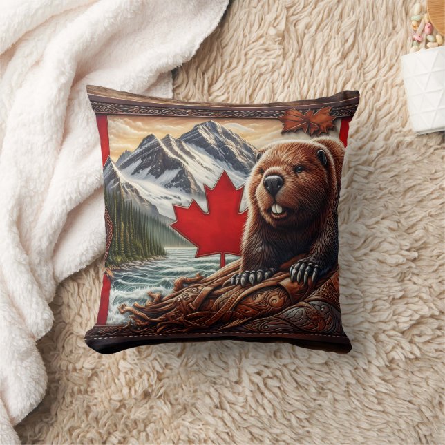 Cojín Decorativo Paisaje canadiense con castor y hoja de arce (Manta)