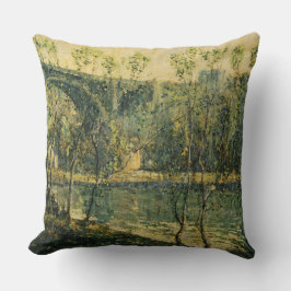 Cojín Decorativo Paisaje con río y puente: primavera por la mañana