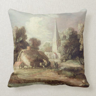 Cojín Decorativo Paisaje con una iglesia, cabaña, aldeanos y