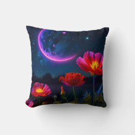 Cojín Decorativo Paisaje de adormidera psicodélica con luna