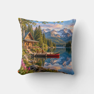 Cojín Decorativo Paisaje de cabaña junto al lago de montaña