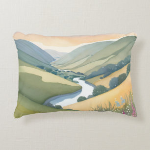Cojín Decorativo Paisaje de colinas onduladas Acuarela Hermosa