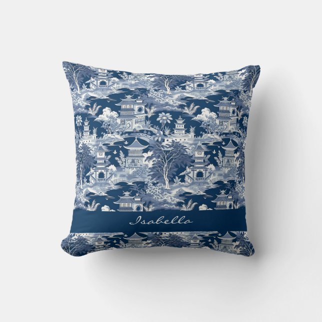 Cojín Decorativo Paisaje de estilo asiático Chinoiserie Blanco azul (Anverso)