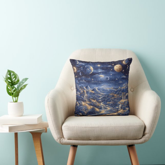 Cojín Decorativo Paisaje de Fantasía Azul Noche Celestial (Silla)
