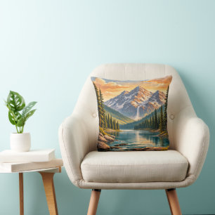 Cojín Decorativo Paisaje de lago de montaña alpina con puesta de so