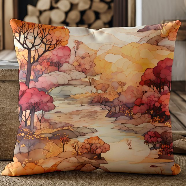 Cojín Decorativo Paisaje de los árboles del río Naranja rojo otoño  (Orange, red, and brown trees and river landscape pillow)