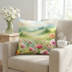 Cojín Decorativo Paisaje de pradera de flores silvestres pastel